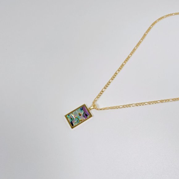Abalone Paua Rectangle Pendant Figaro Chain 18K Real Gold Plated Necklace - Picture 4 of 11
